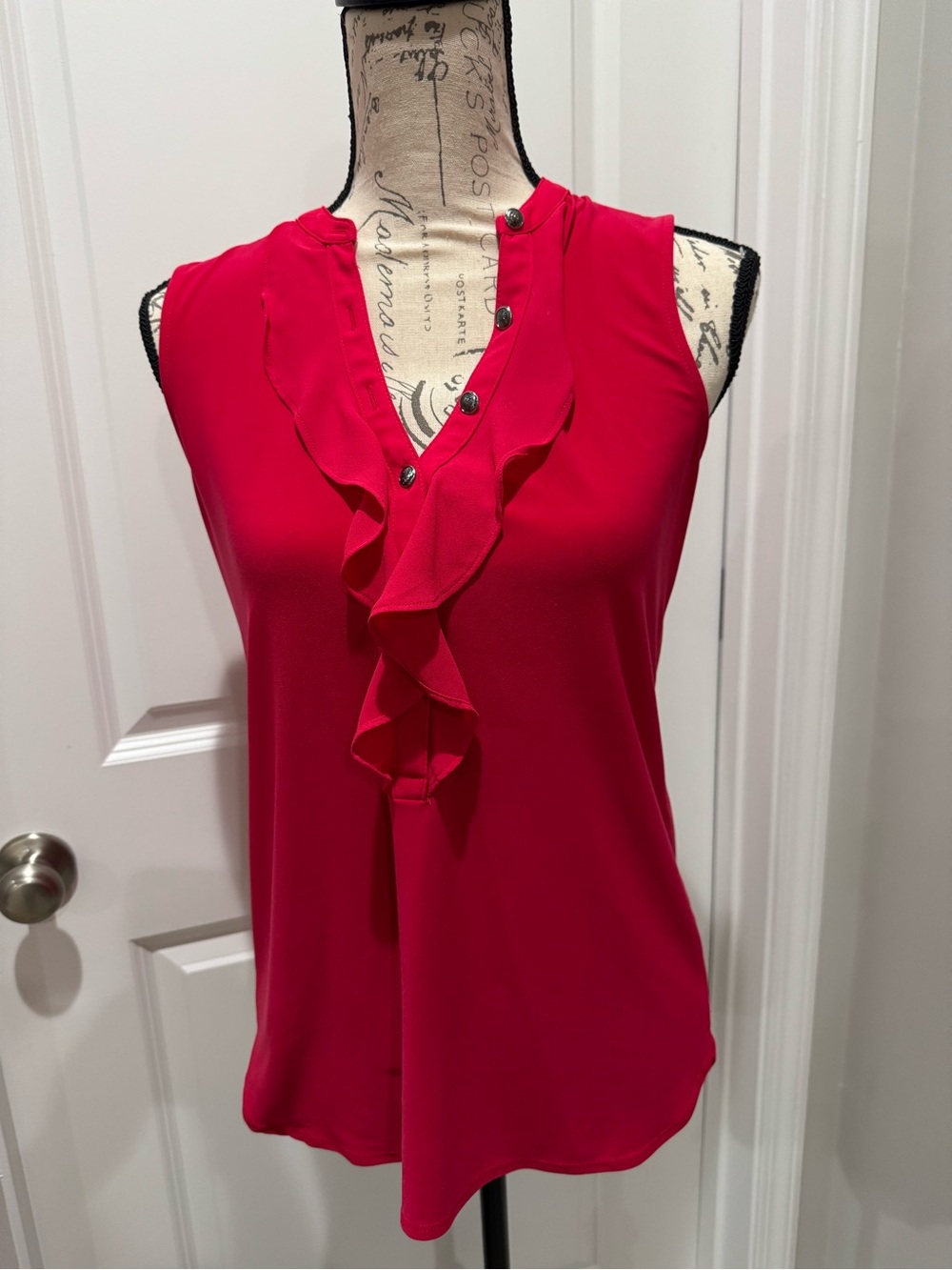 White House Black Market Sleeveless Ruffle V-Neck Tank in Bright Pink
